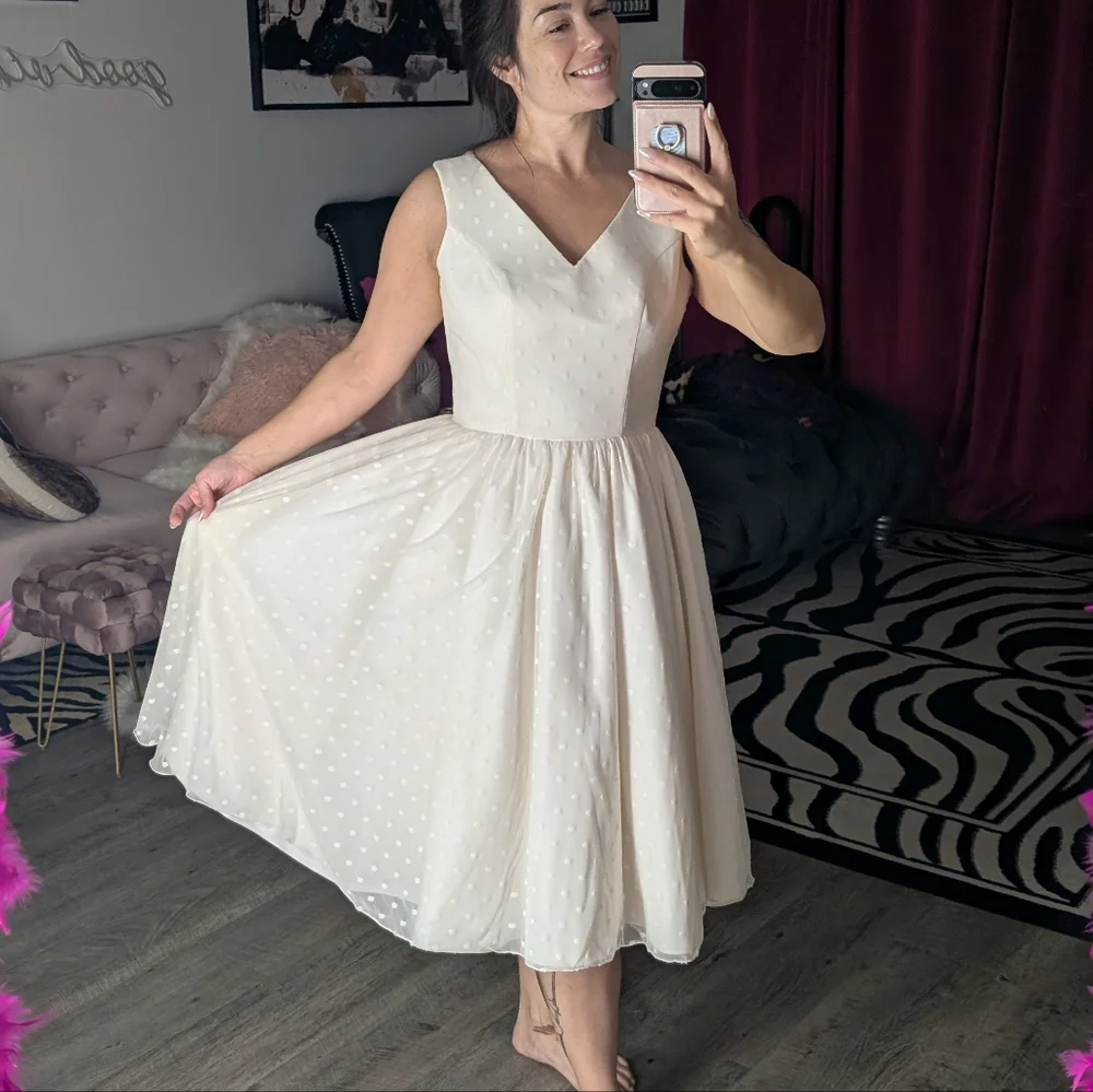 Dolly Parton Couture Bride White Polka dot Swing Wedding Dress Lg Retro Vintage - Picture 6 of 13